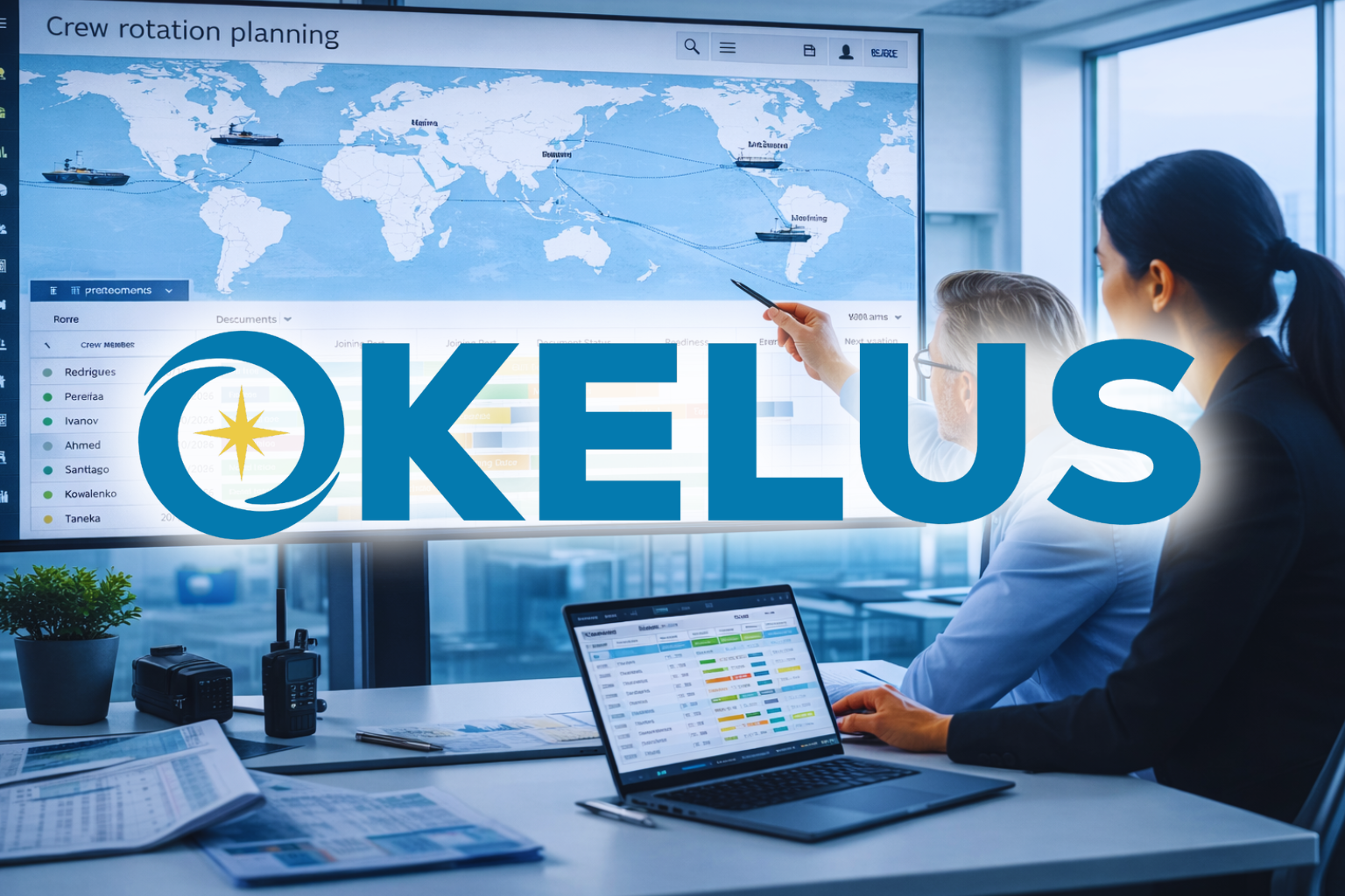 Professionisti marittimi che pianificano le rotazioni equipaggio su software di crew rotation planning okelus in ufficio operativo